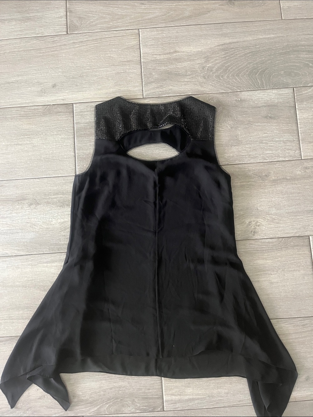 BCBGMaxAzria Black Asymmetrical Shift Dress with Sheen Yoke